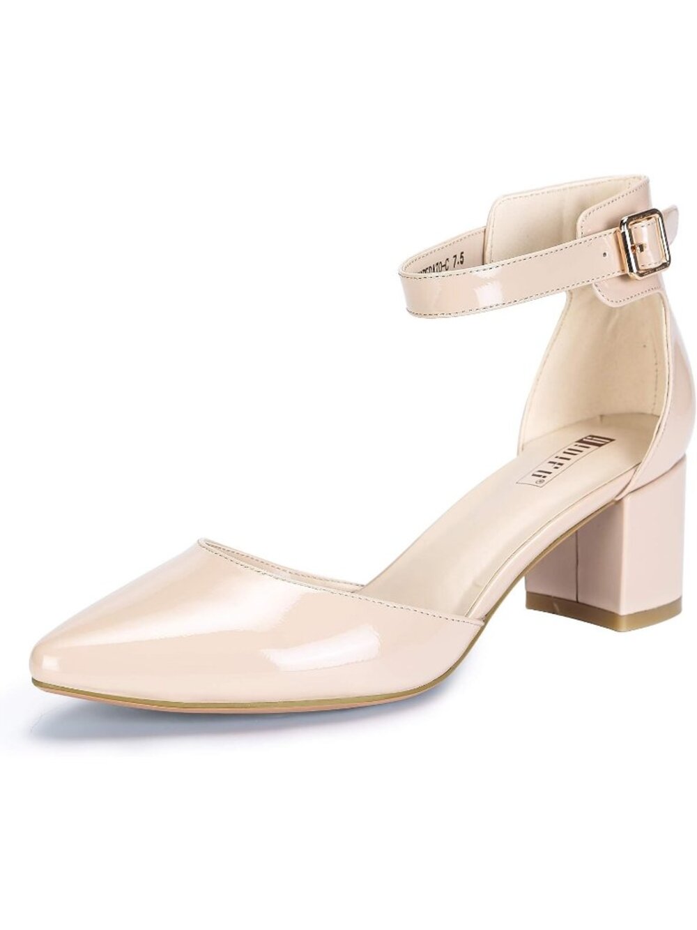 Women's Nude Patent Low Block Heels Pumps Chunky Closed Toe Ankle Strap Shoes